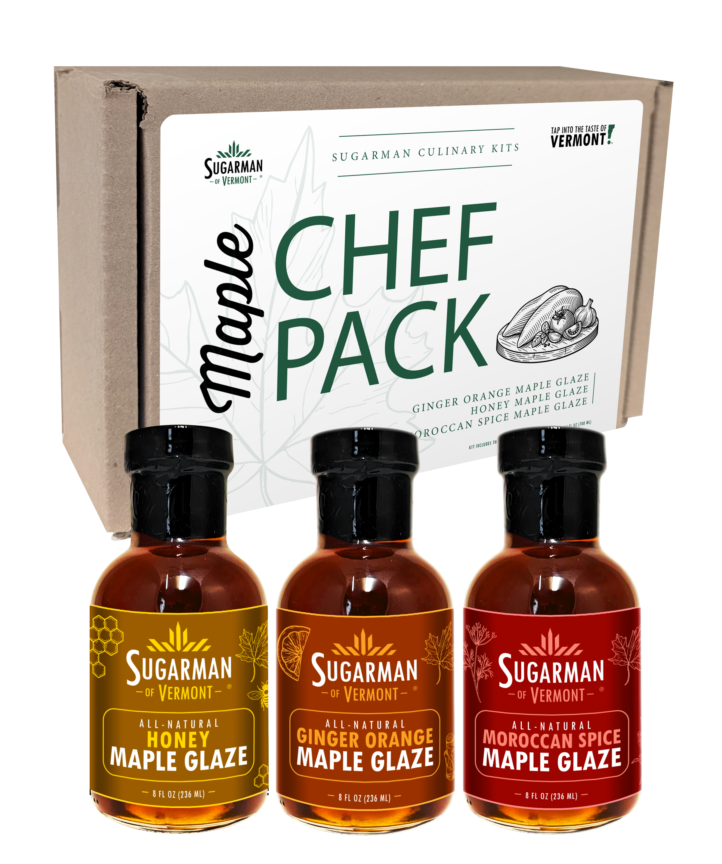 Three bottles of maple glaze in a chef pack from Sugarman of Vermont.